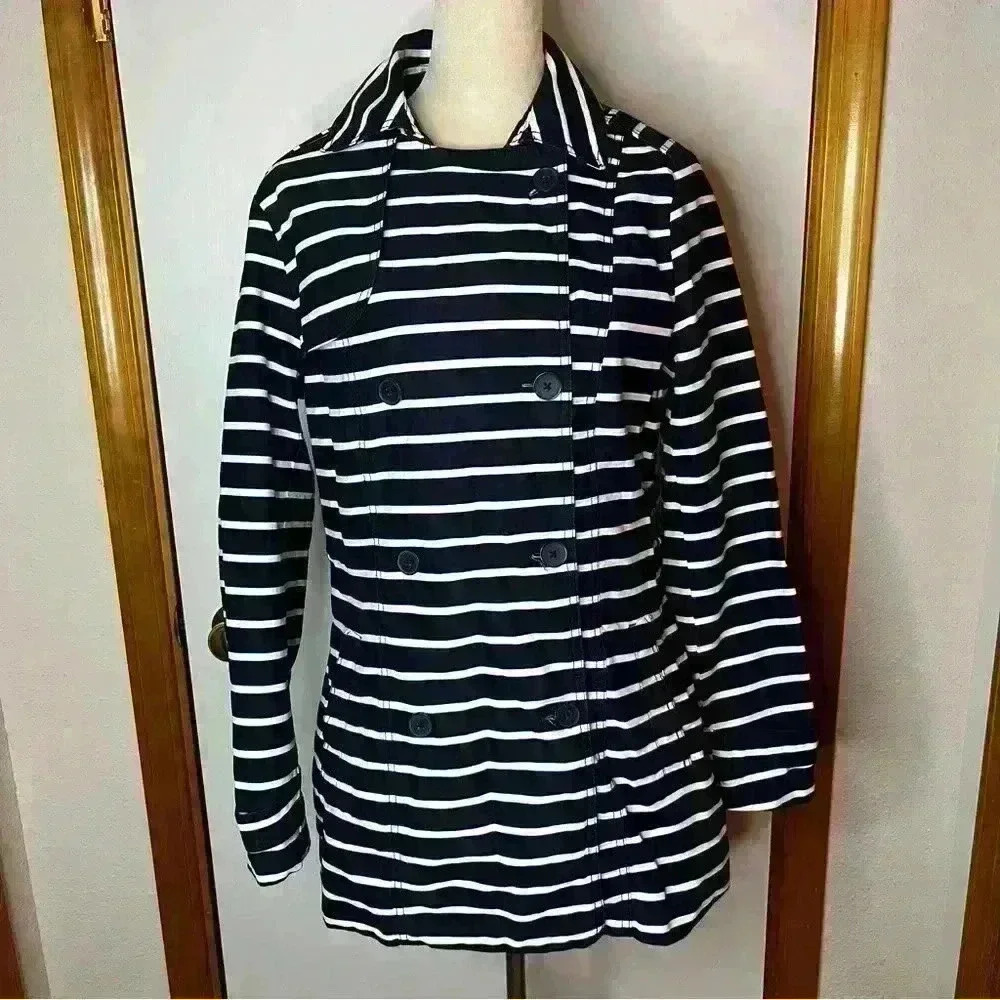 Gap Long Jacket Button Up Coat‎ Women Medium Blue White Stripe Cotton Preppy